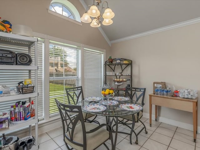 dining area featuring an inviting chandelier, lofted ceiling, crown molding, and plenty of natural light