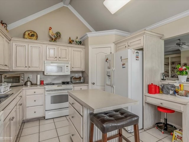 kitchen with ornamental molding, a kitchen bar, lofted ceiling, and white appliances