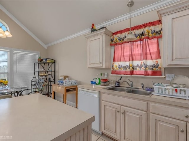 kitchen with white dishwasher, pendant lighting, vaulted ceiling, sink, and ornamental molding