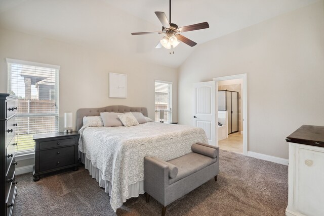 carpeted bedroom featuring lofted ceiling and ceiling fan