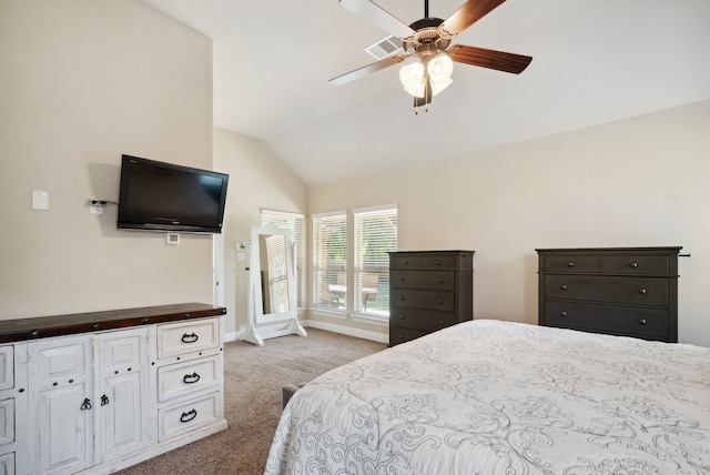 carpeted bedroom featuring vaulted ceiling and ceiling fan