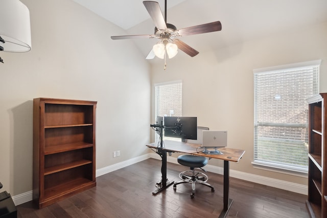 office area featuring vaulted ceiling, dark hardwood / wood-style flooring, and ceiling fan