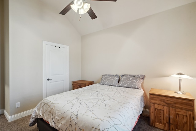 carpeted bedroom with vaulted ceiling and ceiling fan