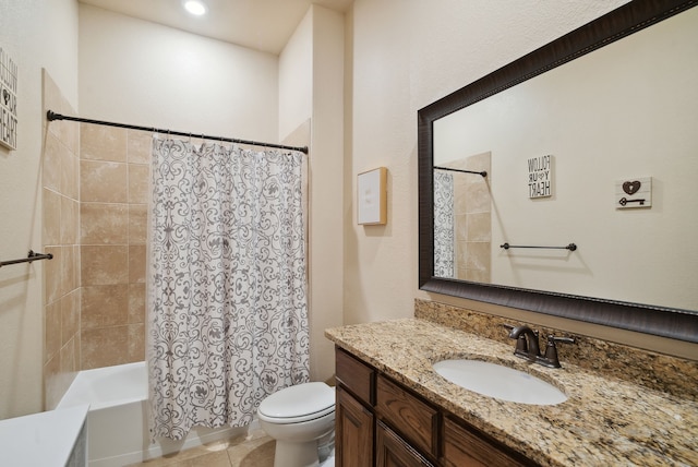 full bathroom with tile patterned floors, vanity, shower / bathtub combination with curtain, and toilet