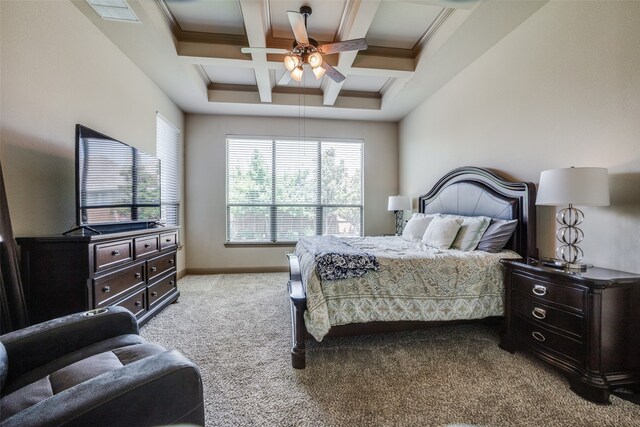 carpeted bedroom with beamed ceiling, ceiling fan, and coffered ceiling