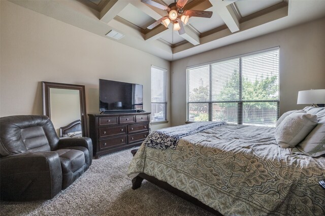 bedroom featuring beam ceiling, ceiling fan, carpet flooring, and coffered ceiling