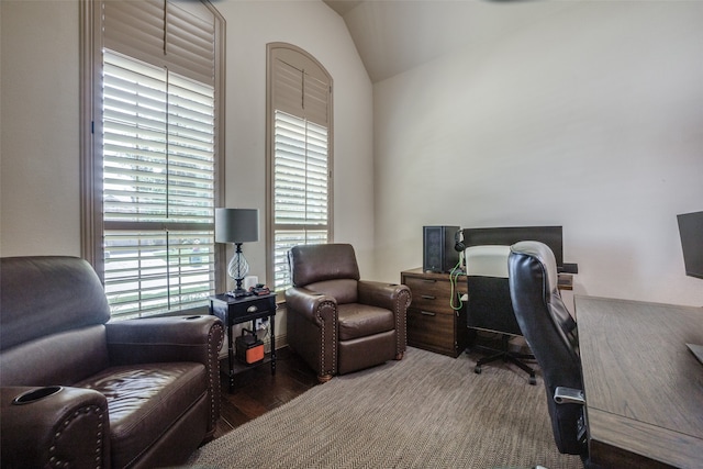 office with hardwood / wood-style flooring and lofted ceiling