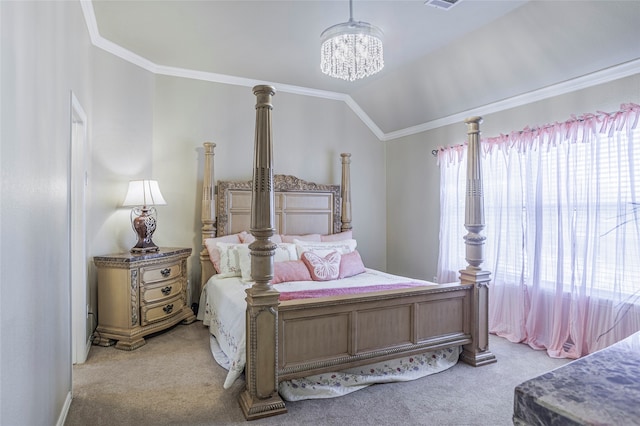 bedroom featuring ornamental molding, lofted ceiling, light colored carpet, and a chandelier