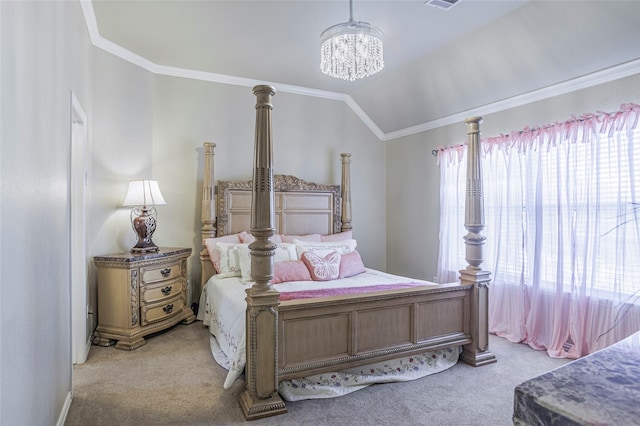 carpeted bedroom with an inviting chandelier, visible vents, ornamental molding, and vaulted ceiling