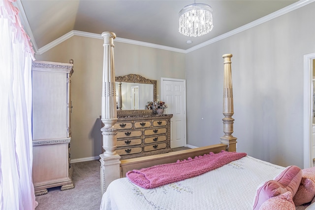 carpeted bedroom with ornamental molding, lofted ceiling, and a chandelier