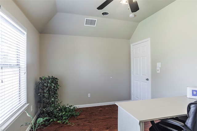 home office featuring lofted ceiling, a wealth of natural light, hardwood / wood-style flooring, and ceiling fan