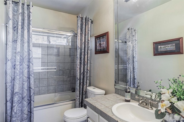 bathroom with toilet, shower / bath combination, and vanity