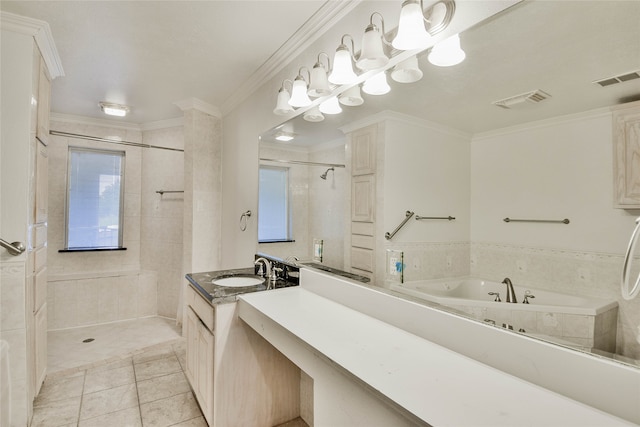 bathroom featuring ornamental molding, vanity, separate shower and tub, and tile patterned floors