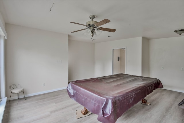 recreation room with light wood-type flooring, billiards, and ceiling fan