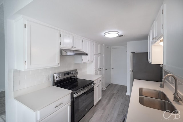 kitchen with white cabinetry, decorative backsplash, sink, light wood-type flooring, and electric range