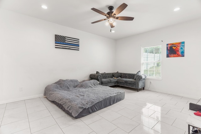 bedroom with light tile patterned floors and ceiling fan