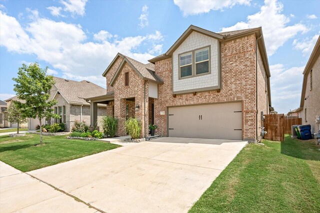 view of front of property with a garage and a front lawn