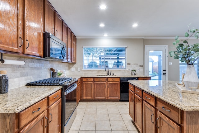 kitchen featuring black appliances, sink, backsplash, light tile patterned floors, and ornamental molding