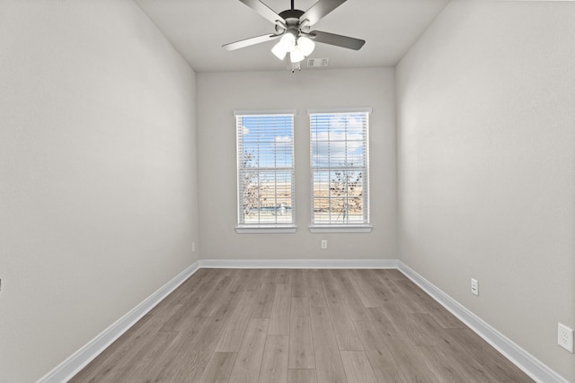 empty room featuring ceiling fan and light hardwood / wood-style flooring