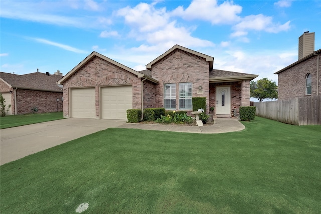 ranch-style home featuring a garage and a front lawn