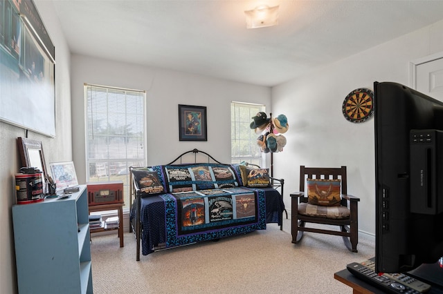 bedroom with light colored carpet