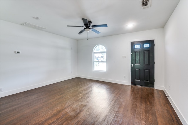 foyer featuring ceiling fan and wood-type flooring