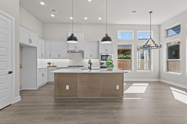 kitchen featuring pendant lighting, white cabinetry, sink, hardwood / wood-style flooring, and a kitchen island with sink