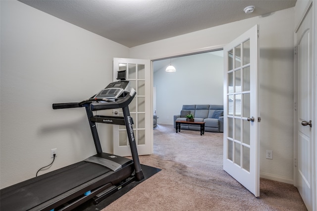 workout area with light colored carpet and french doors