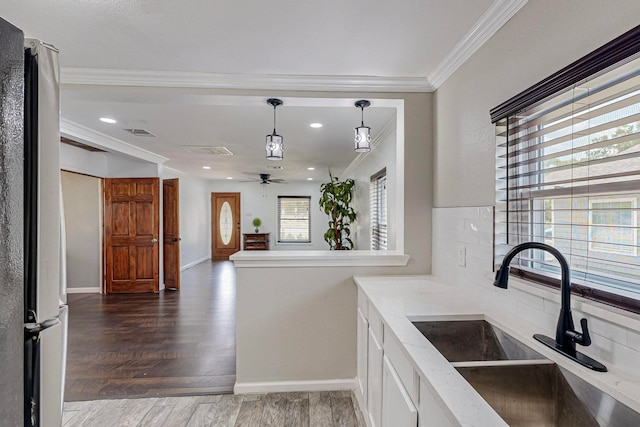 kitchen featuring dark hardwood / wood-style floors, stainless steel fridge, sink, and a wealth of natural light