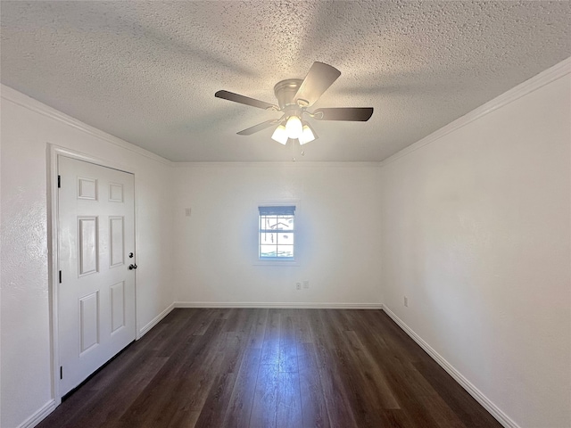 unfurnished room with a textured ceiling, crown molding, dark hardwood / wood-style flooring, and ceiling fan