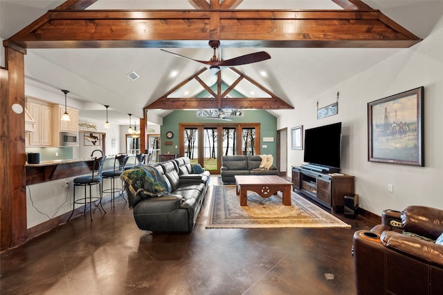 tiled living room featuring beamed ceiling, ceiling fan, french doors, and high vaulted ceiling