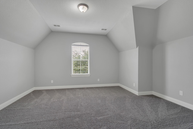 additional living space with vaulted ceiling, a textured ceiling, and carpet