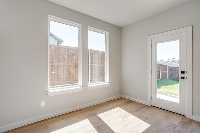 doorway to outside with a wealth of natural light and light hardwood / wood-style floors