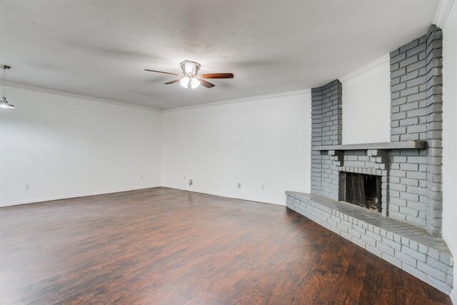 unfurnished living room featuring a fireplace, crown molding, ceiling fan, and hardwood / wood-style floors