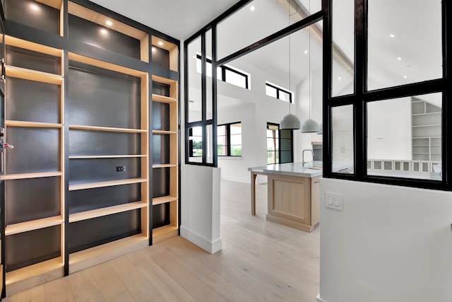 interior space featuring light wood-type flooring and a high ceiling