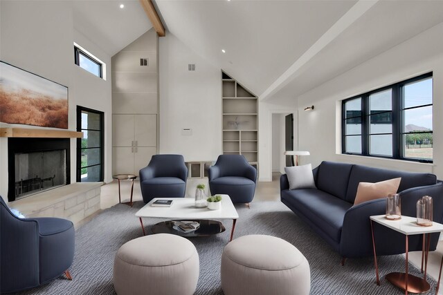 living room featuring high vaulted ceiling, beam ceiling, carpet flooring, and built in features