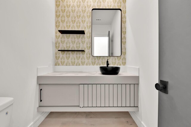 bathroom with radiator, vanity, hardwood / wood-style floors, and toilet