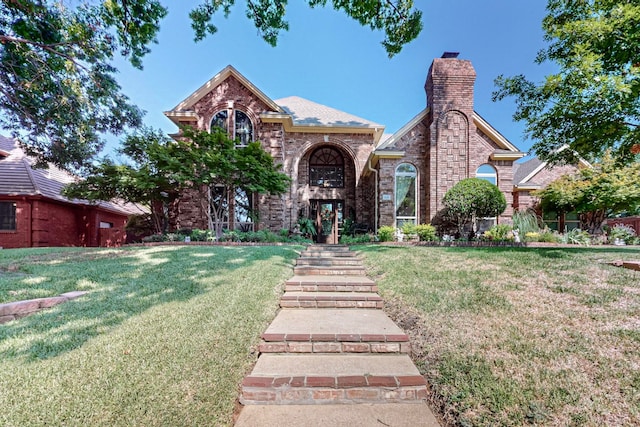 tudor-style house with a front lawn