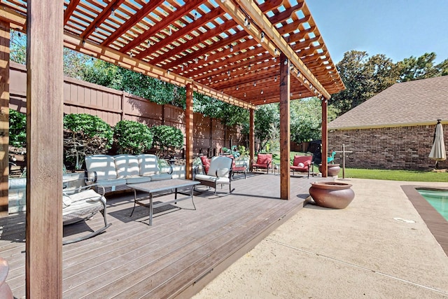 deck with a pergola and an outdoor hangout area