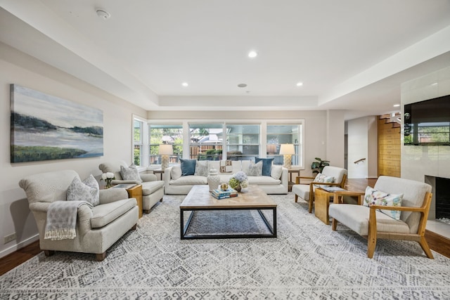 5332 Edmondson Ave, Dallas, TX 75209 - living room with a raised ceiling, wood finished floors, and recessed lighting