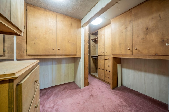 interior space with a textured ceiling, wooden walls, and light colored carpet