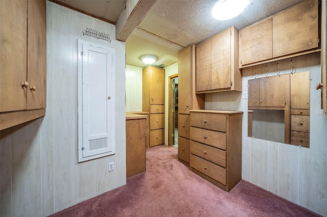 interior space featuring wood walls and light colored carpet