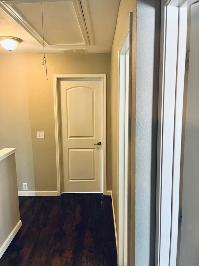 corridor featuring dark wood-type flooring