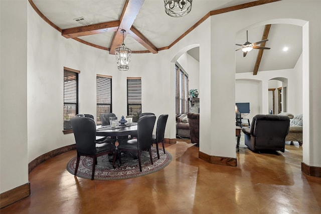 dining space featuring beam ceiling, ceiling fan with notable chandelier, and high vaulted ceiling