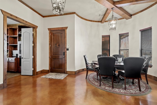 dining area featuring beamed ceiling, ornamental molding, a chandelier, and concrete flooring