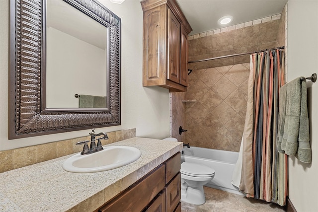 full bathroom with shower / bath combination with curtain, toilet, tile patterned floors, and vanity