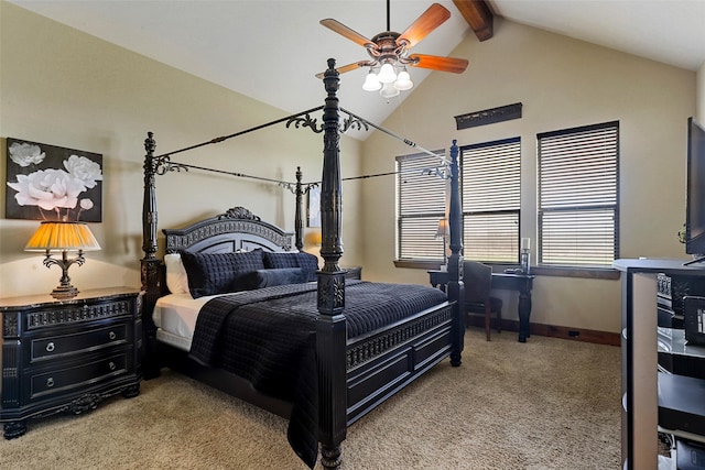 bedroom featuring beamed ceiling, light colored carpet, high vaulted ceiling, and ceiling fan