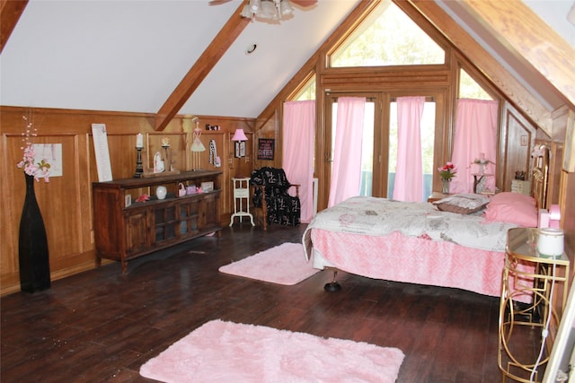 bedroom featuring wood walls, vaulted ceiling with beams, and hardwood / wood-style floors