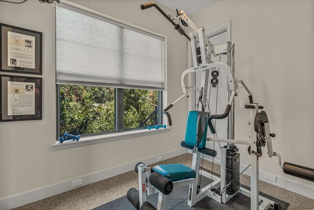 workout room with carpet flooring