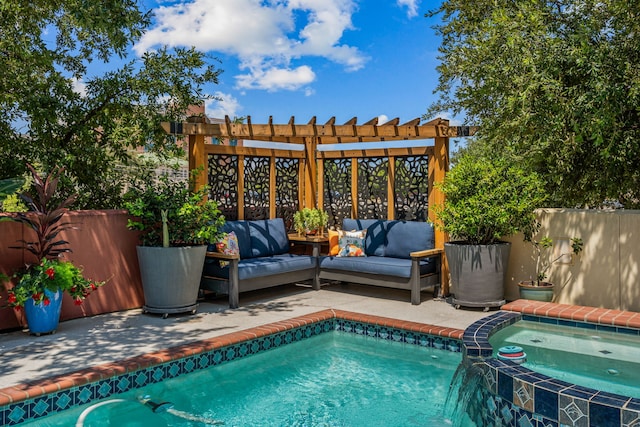 view of swimming pool featuring an in ground hot tub, a patio, and an outdoor hangout area